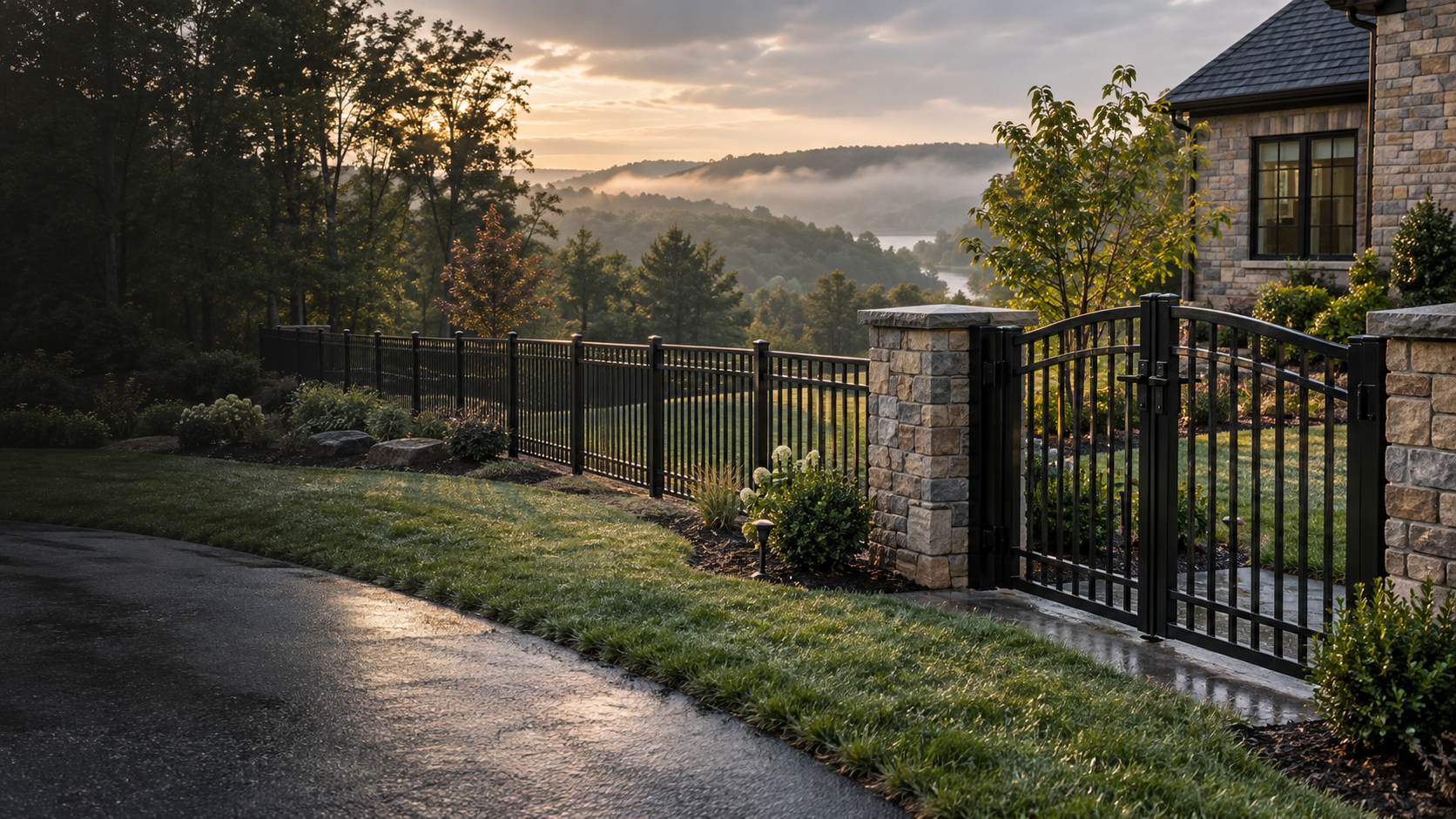 Black aluminum fence and gate along a Western Pennsylvania property